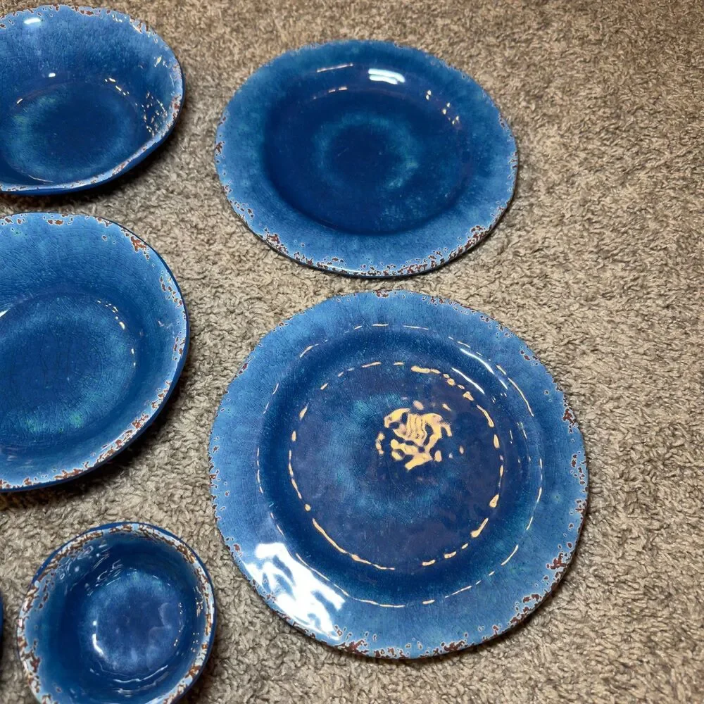Pier 1 Carmelo Melamine Blue Crackle Rustic Plates Bowls Snack Dish LOT of 9